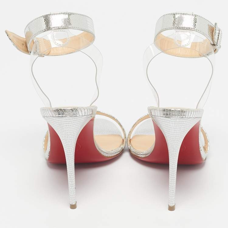 Pre Owned Christian Louboutin Silver/Transparent Leather And PVC Jonatina Sandals Size 36