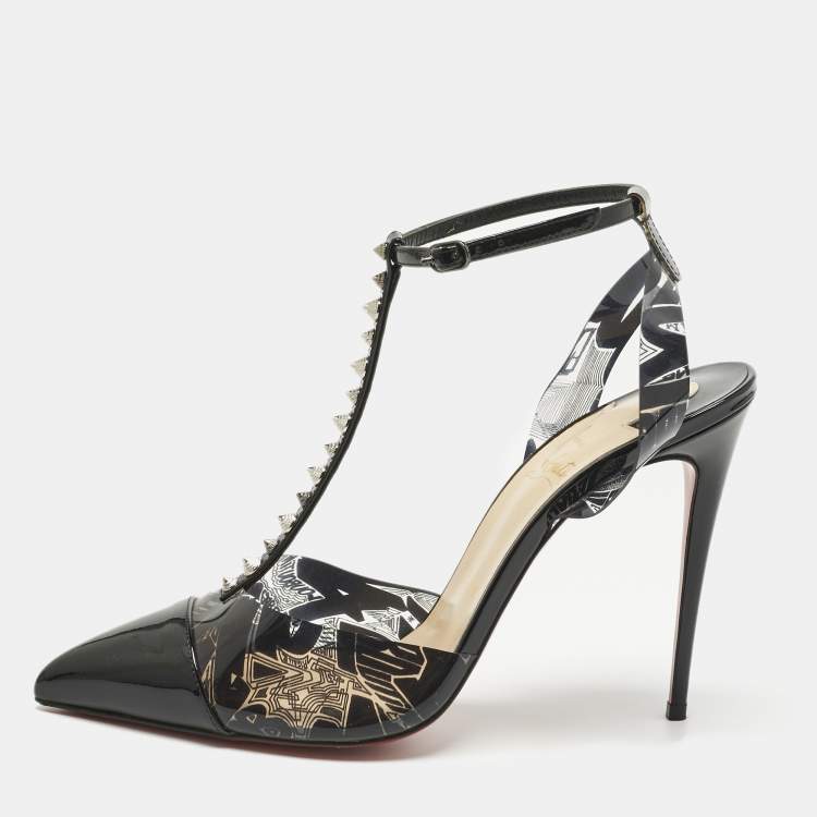 Pre Owned Christian Louboutin Black Patent Leather and PVC Nosy Spike Ankle Strap Sandals Size 40