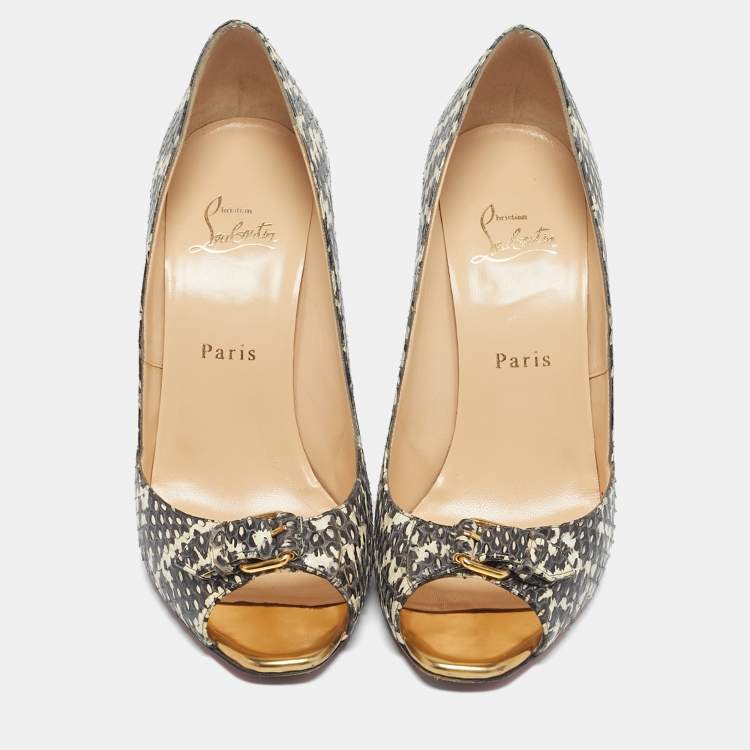 Pre Owned Christian Louboutin Brown/White Python Leather Peep Toe Pumps Size 39.5