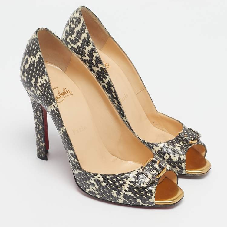 Pre Owned Christian Louboutin Brown/White Python Leather Peep Toe Pumps Size 39.5