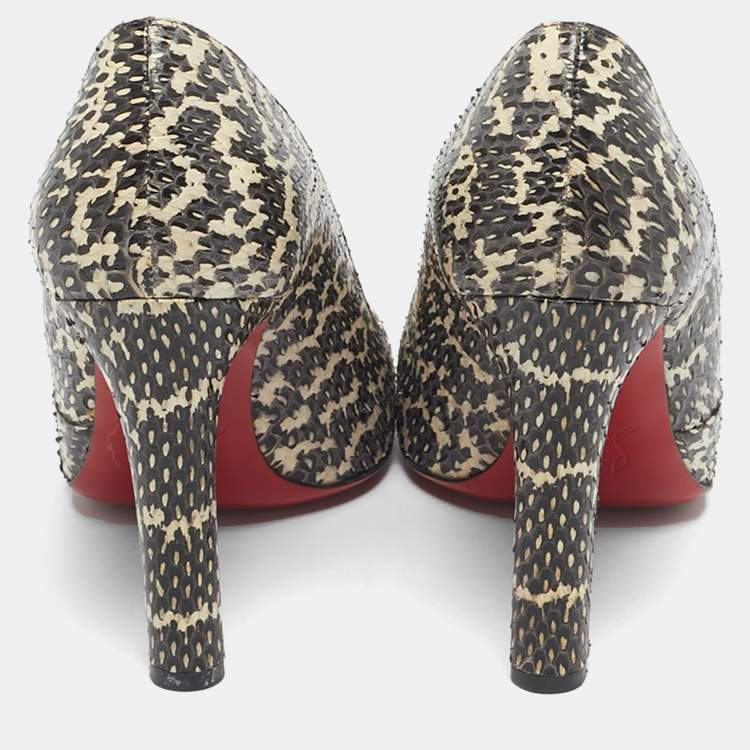 Pre Owned Christian Louboutin Brown/White Python Leather Peep Toe Pumps Size 39.5