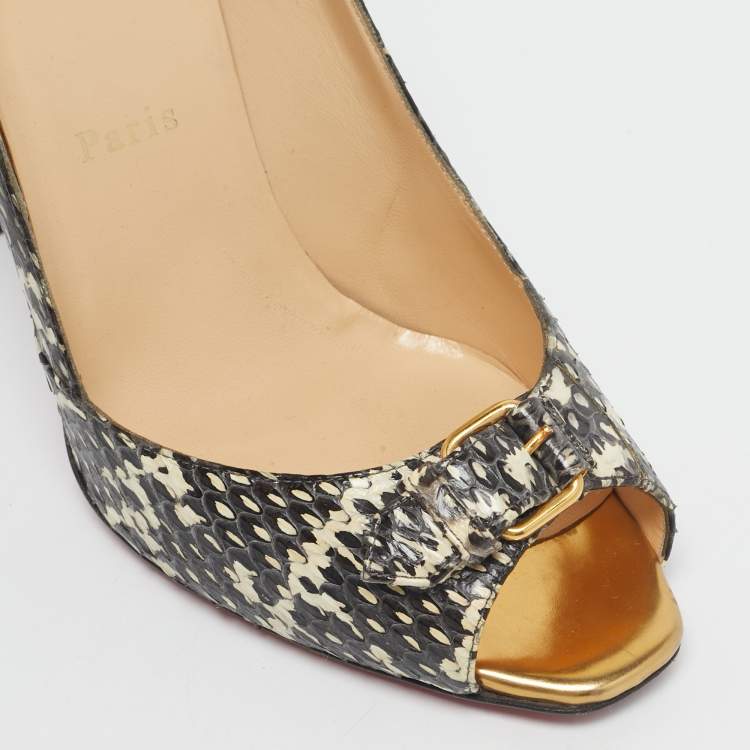 Pre Owned Christian Louboutin Brown/White Python Leather Peep Toe Pumps Size 39.5