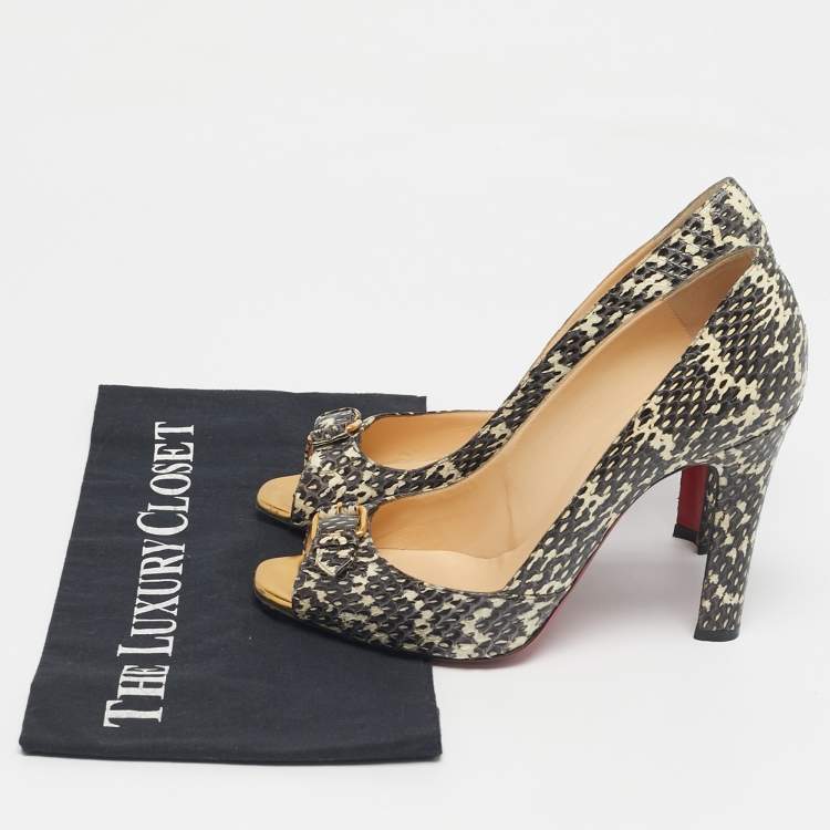 Pre Owned Christian Louboutin Brown/White Python Leather Peep Toe Pumps Size 39.5