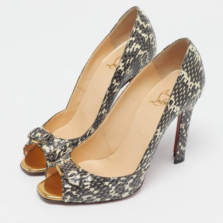 Pre Owned Christian Louboutin Brown/White Python Leather Peep Toe Pumps Size 39.5