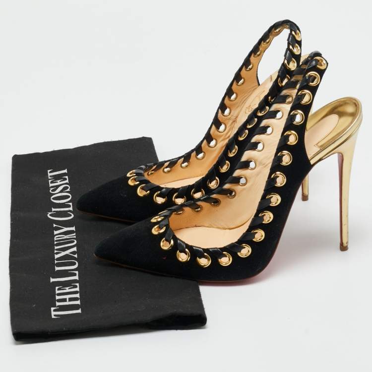 Pre Owned Christian Louboutin Black Leather and Suede Ostri Slingback Sandals Size 39