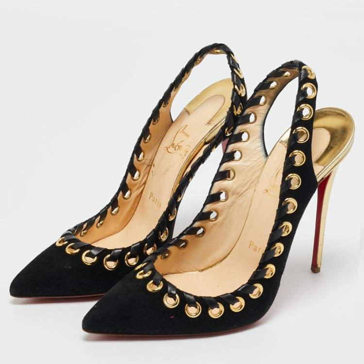 Pre Owned Christian Louboutin Black Leather and Suede Ostri Slingback Sandals Size 39