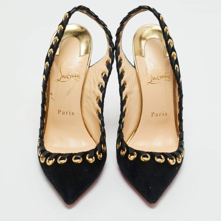 Pre Owned Christian Louboutin Black Leather and Suede Ostri Slingback Sandals Size 39