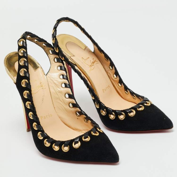 Pre Owned Christian Louboutin Black Leather and Suede Ostri Slingback Sandals Size 39