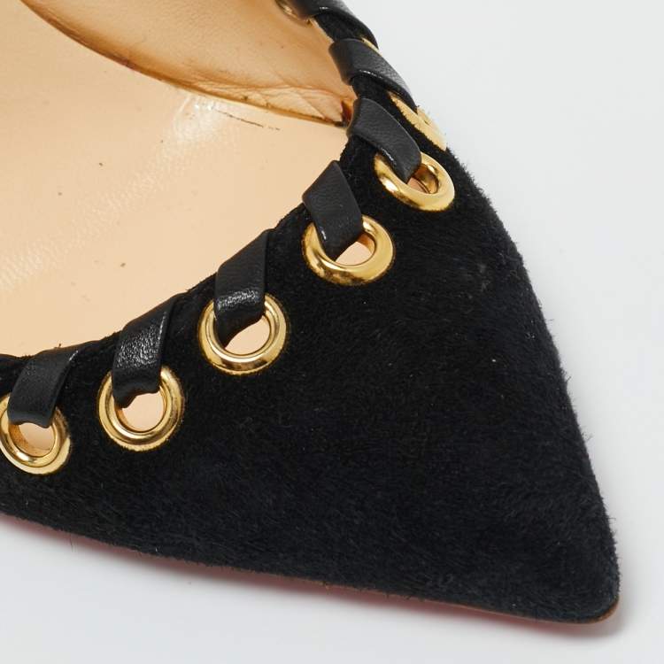Pre Owned Christian Louboutin Black Leather and Suede Ostri Slingback Sandals Size 39