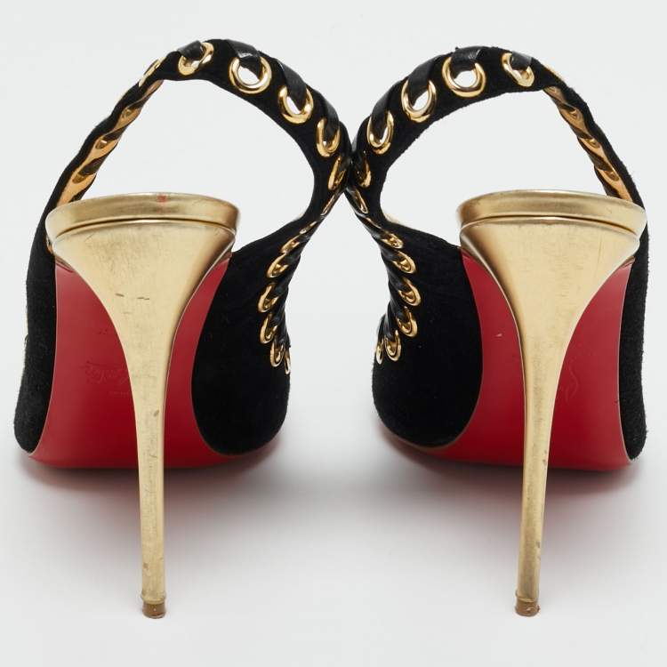 Pre Owned Christian Louboutin Black Leather and Suede Ostri Slingback Sandals Size 39