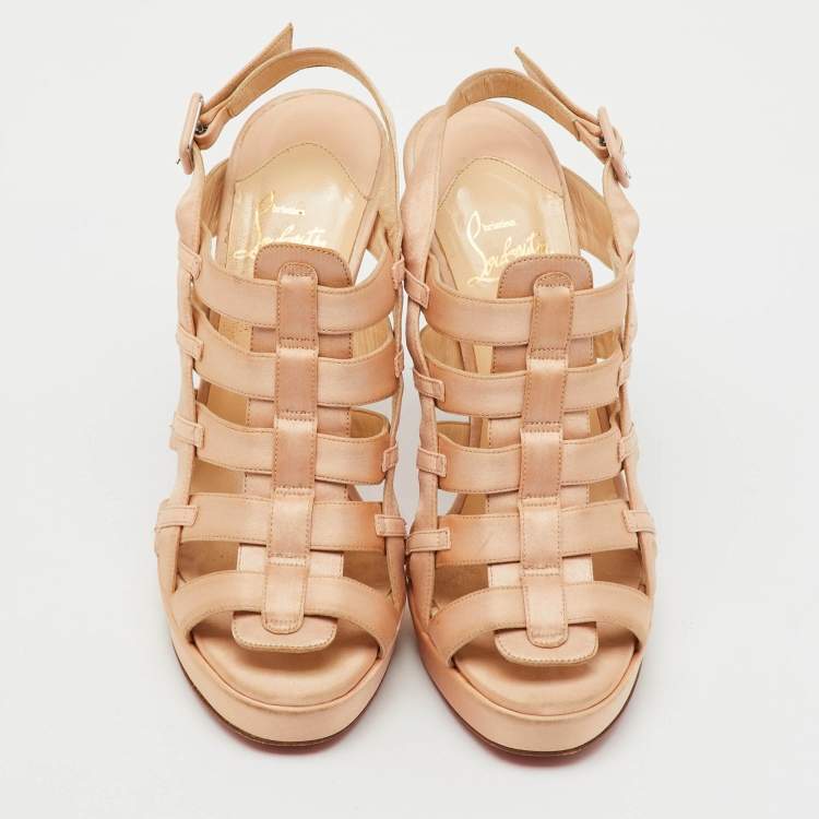 Pre Owned Christian Louboutin Peach Satin Paquita Ankle Strap Sandals Size 39.5