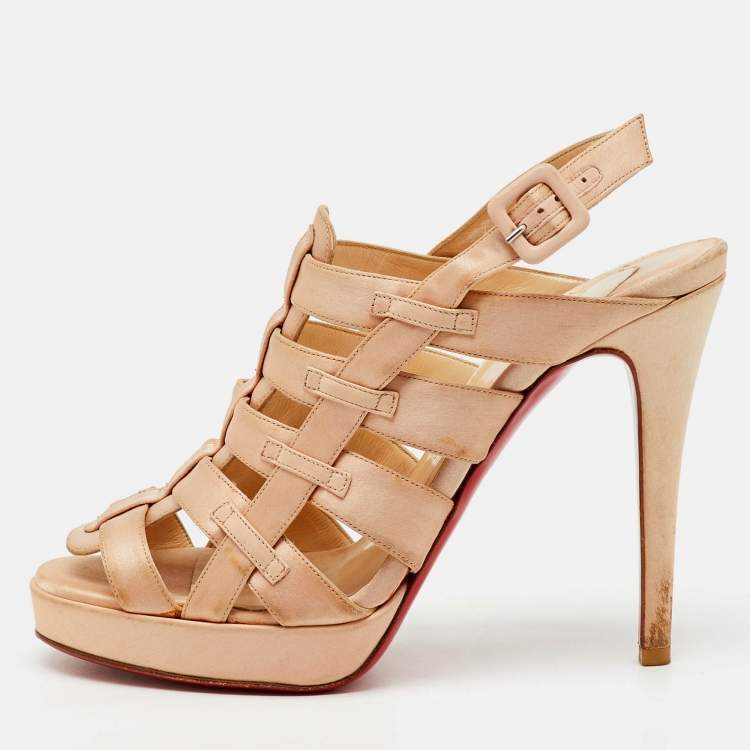 Pre Owned Christian Louboutin Peach Satin Paquita Ankle Strap Sandals Size 39.5