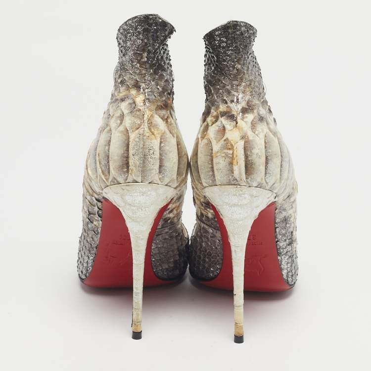 Pre Owned Christian Louboutin Silver Python Leather Megavamp Peep Toe Pumps Size 37.5