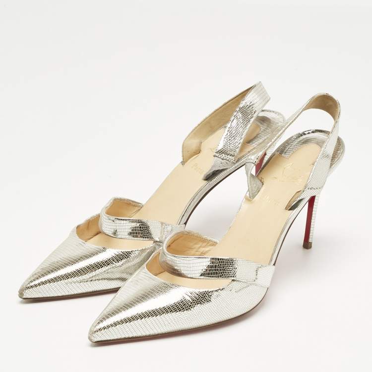 Pre Owned Christian Louboutin Silver texture Leather Actina Slingback Sandals Size 38