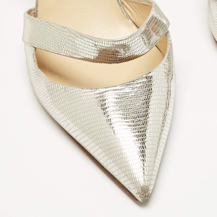 Pre Owned Christian Louboutin Silver texture Leather Actina Slingback Sandals Size 38