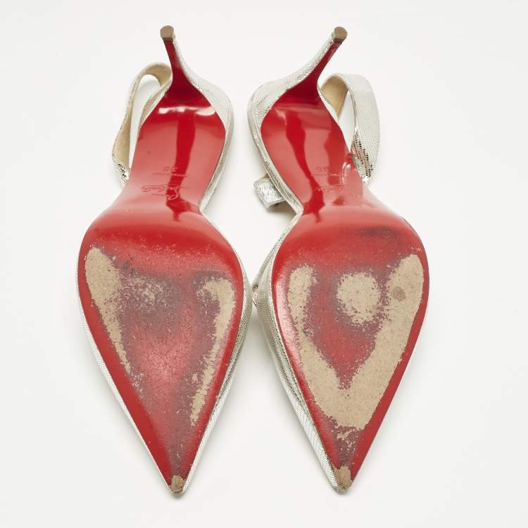Pre Owned Christian Louboutin Silver texture Leather Actina Slingback Sandals Size 38
