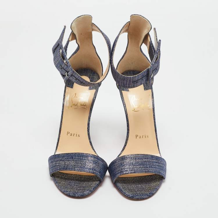 Pre Owned Christian Louboutin Blue Tweed Ankle Strap Sandals Size 37.5