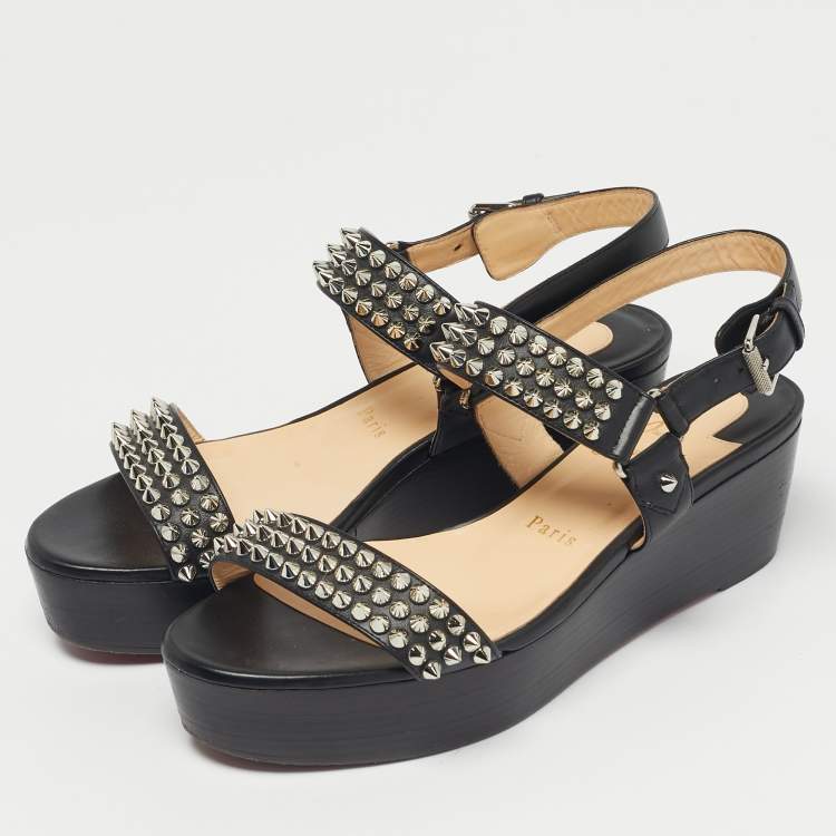 Pre Owned Christian Louboutin Black Leather Cordorella Spiked Wedge Leather Sandals Size 38