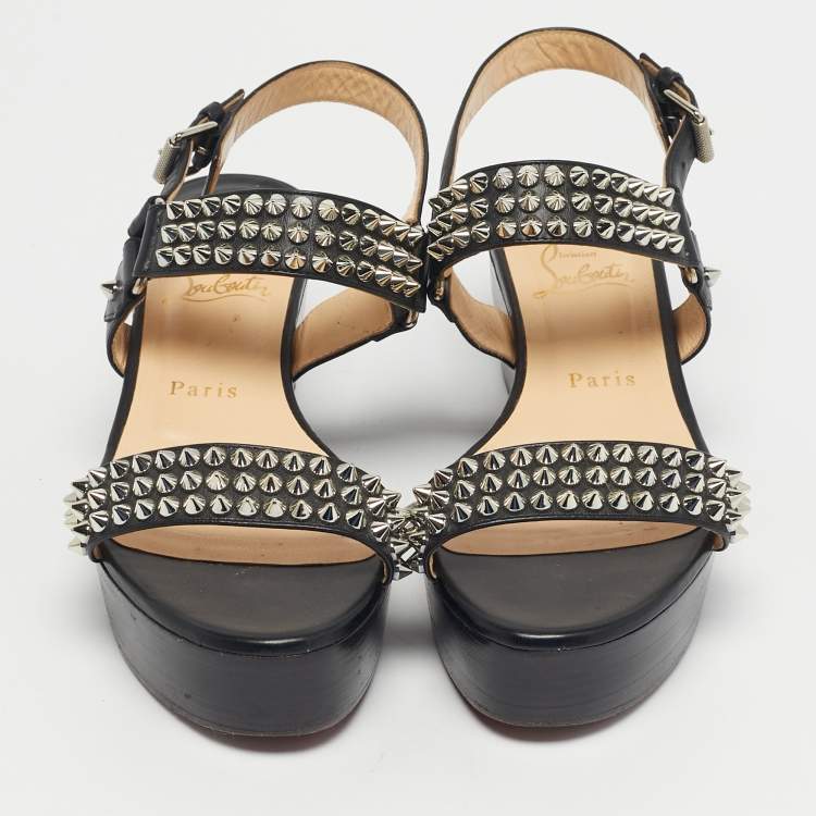 Pre Owned Christian Louboutin Black Leather Cordorella Spiked Wedge Leather Sandals Size 38