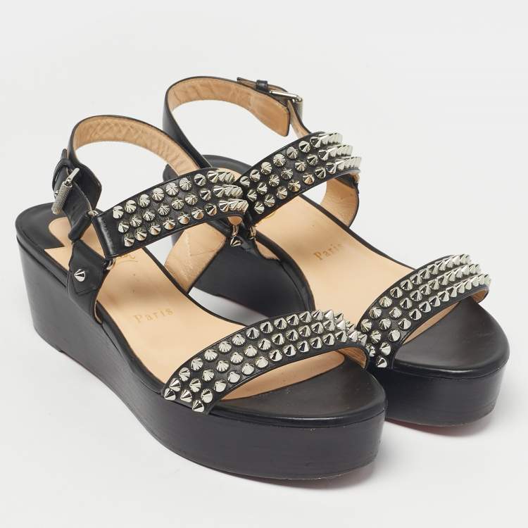 Pre Owned Christian Louboutin Black Leather Cordorella Spiked Wedge Leather Sandals Size 38