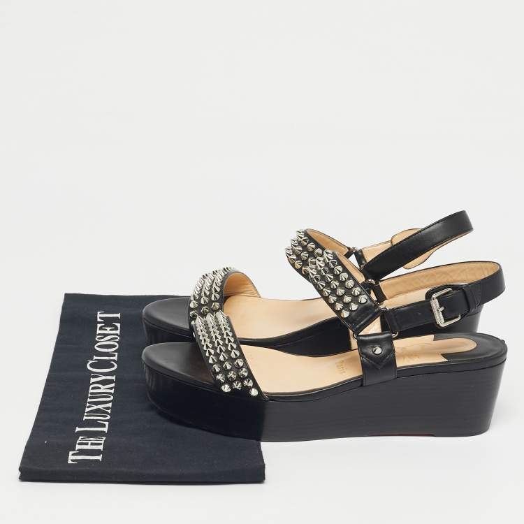 Pre Owned Christian Louboutin Black Leather Cordorella Spiked Wedge Leather Sandals Size 38