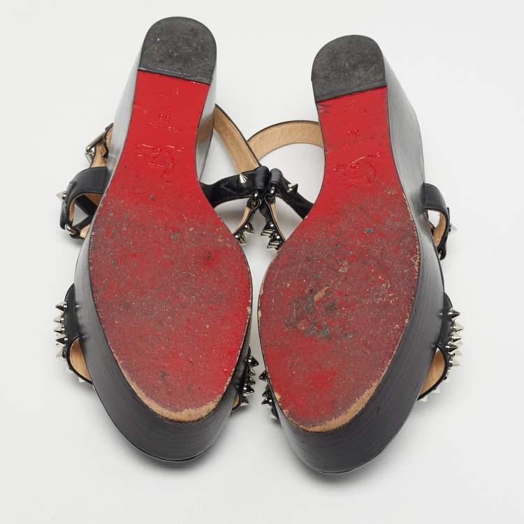 Pre Owned Christian Louboutin Black Leather Cordorella Spiked Wedge Leather Sandals Size 38