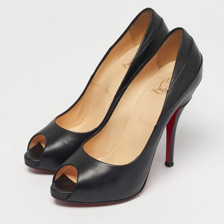 Pre Owned Christian Louboutin Black Leather  Peep Toe Pumps Size 38.5