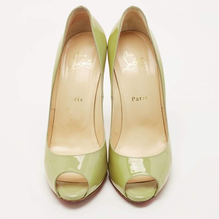 Pre Owned Christian Louboutin Green Patent Leather Flo Peep Toe Pumps Size 39