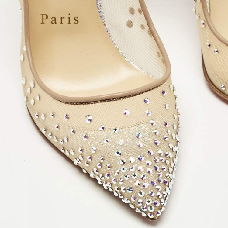 Pre Owned Christian Louboutin Silver/Beige Lace and Mesh Follies Strass Pumps Size 36