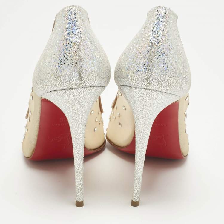 Pre Owned Christian Louboutin Silver/Beige Lace and Mesh Follies Strass Pumps Size 36