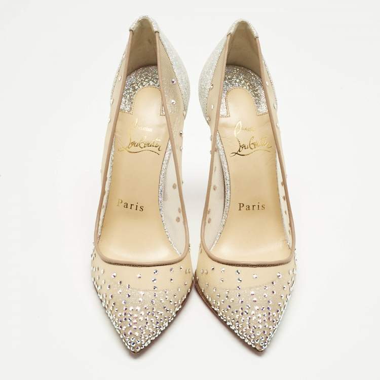 Pre Owned Christian Louboutin Silver/Beige Lace and Mesh Follies Strass Pumps Size 36
