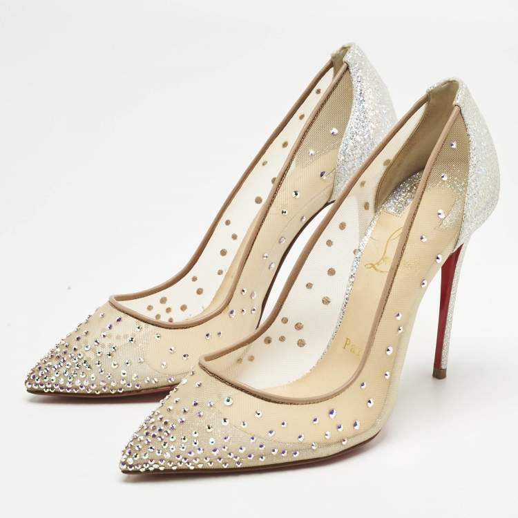 Pre Owned Christian Louboutin Silver/Beige Lace and Mesh Follies Strass Pumps Size 36