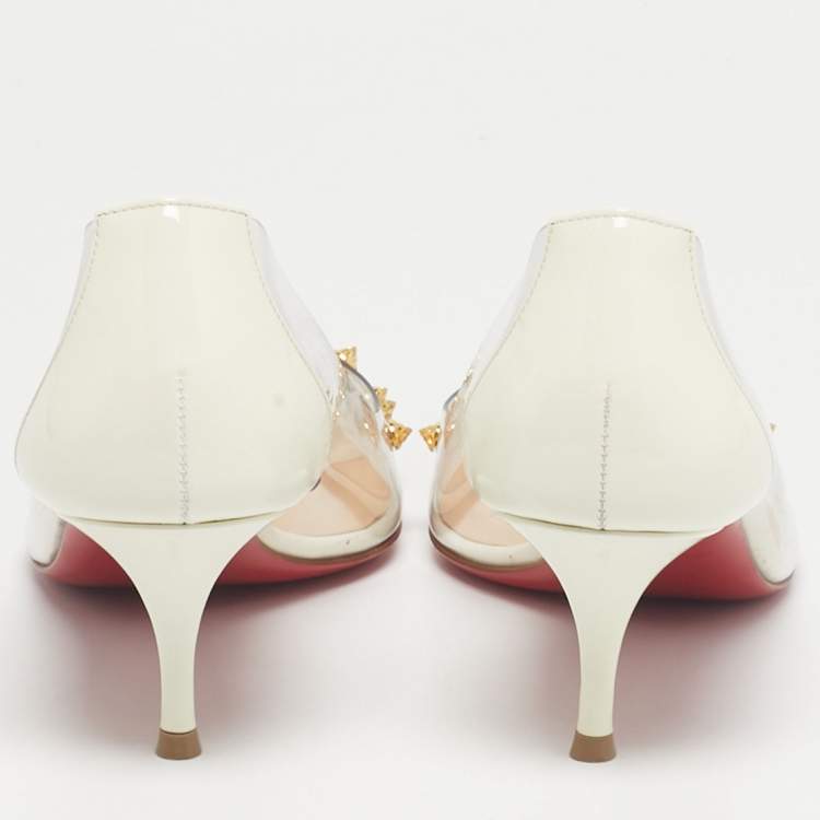 Pre Owned Christian Louboutin White Patent Leather and PVC Collaclou Spikes Pumps Size 36.5