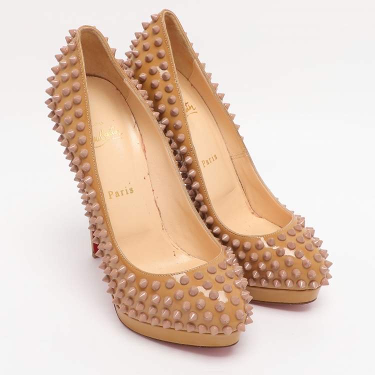 Pre Owned Christian Louboutin Beige Patent Leather Alti Spiked Platform Pumps Size 39