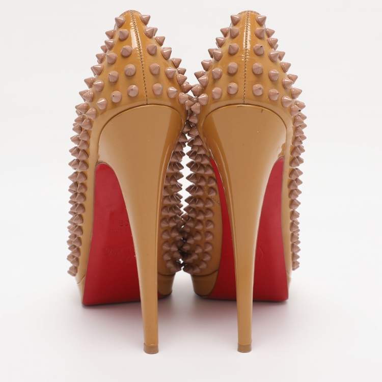 Pre Owned Christian Louboutin Beige Patent Leather Alti Spiked Platform Pumps Size 39