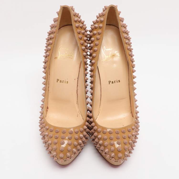 Pre Owned Christian Louboutin Beige Patent Leather Alti Spiked Platform Pumps Size 39