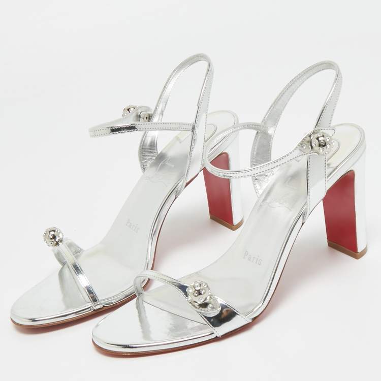 Pre Owned Christian Louboutin Silver Leather Atmospheria Sandals Size 38.5