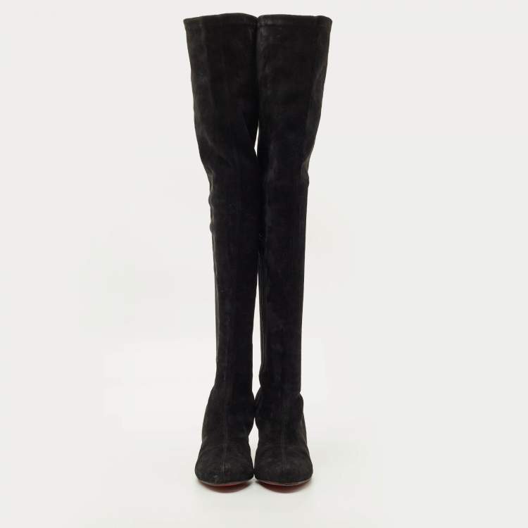Pre Owned Christian Louboutin Black Suede Riding Over The Knee Length Boots Size 40.5