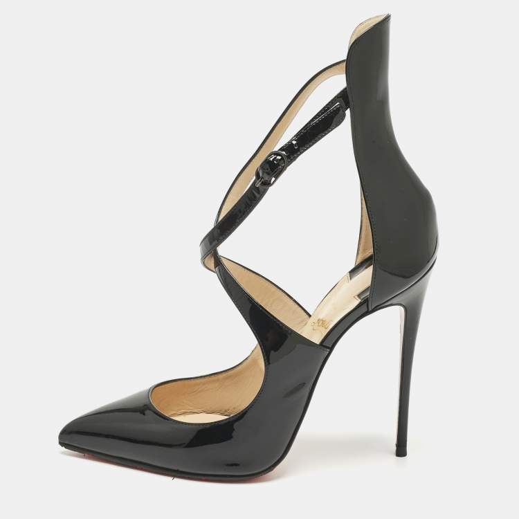 Pre Owned Christian Louboutin Black Patent Leather Marlenarock Ankle Strap Sandals Size 39.5