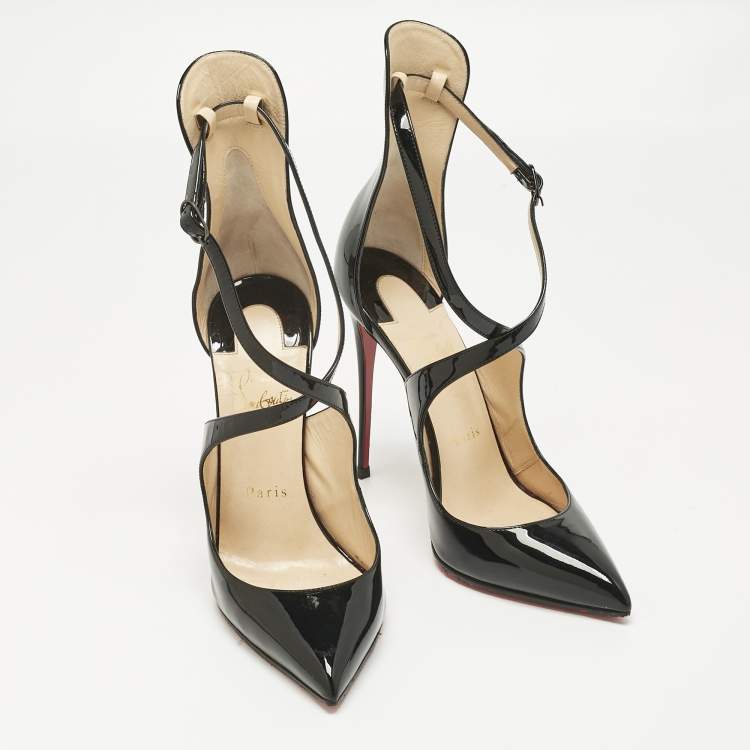 Pre Owned Christian Louboutin Black Patent Leather Marlenarock Ankle Strap Sandals Size 39.5