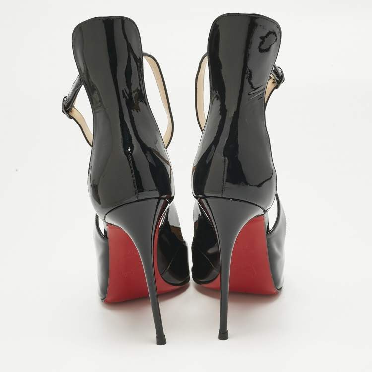 Pre Owned Christian Louboutin Black Patent Leather Marlenarock Ankle Strap Sandals Size 39.5