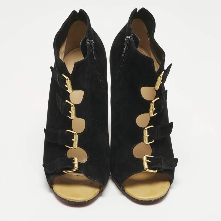 Pre Owned Christian Louboutin Black Leather and Suede Ankle Strap Sandals Size 40