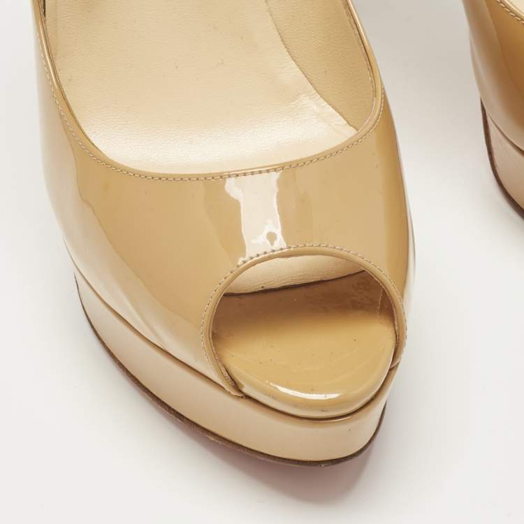 Pre Owned Christian Louboutin Beige Patent Leather Very Prive Peep Toe Pumps Size 39