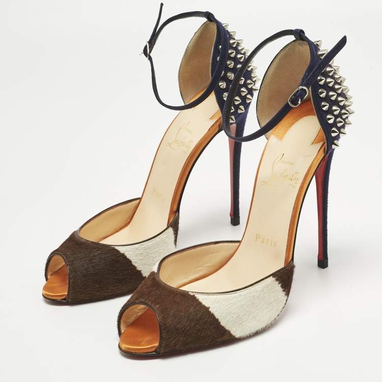 Pre Owned Christian Louboutin Tricolor Calf Hair and Suede Pina Spike Sandals Size 38.5