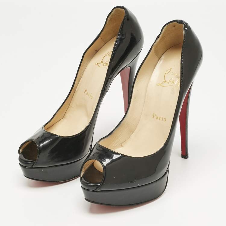 Pre Owned Christian Louboutin Black Patent Leather Lady Peep Toe Pumps Size 38