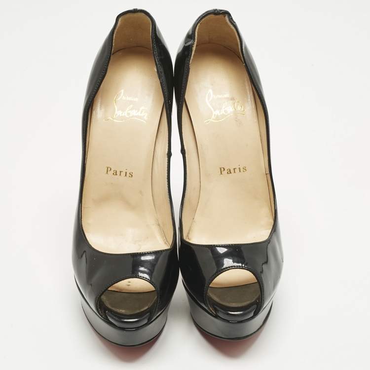 Pre Owned Christian Louboutin Black Patent Leather Lady Peep Toe Pumps Size 38