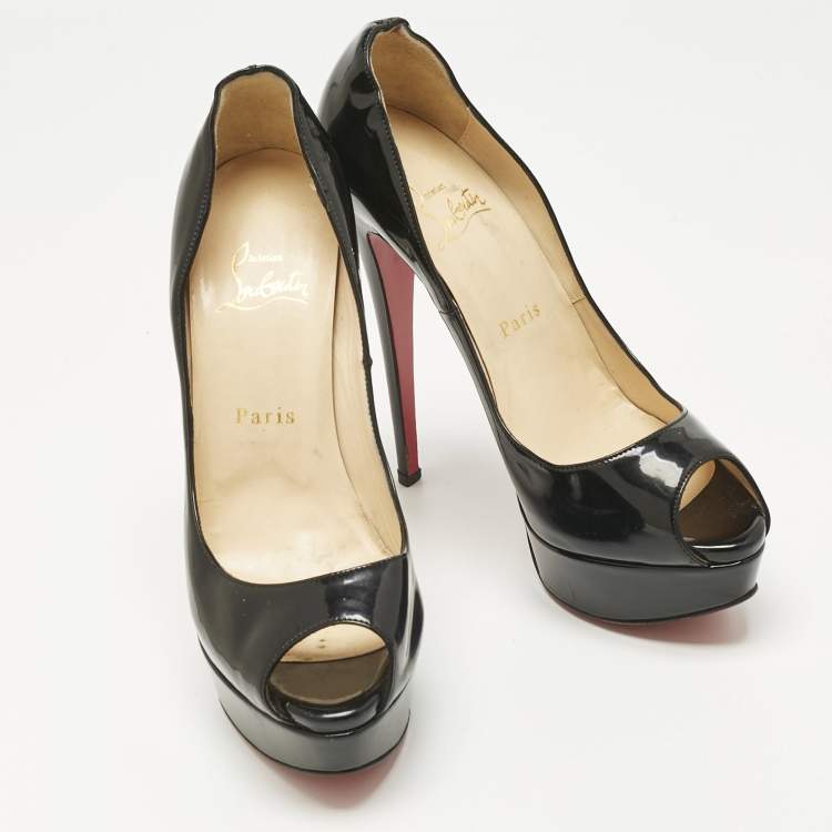 Pre Owned Christian Louboutin Black Patent Leather Lady Peep Toe Pumps Size 38