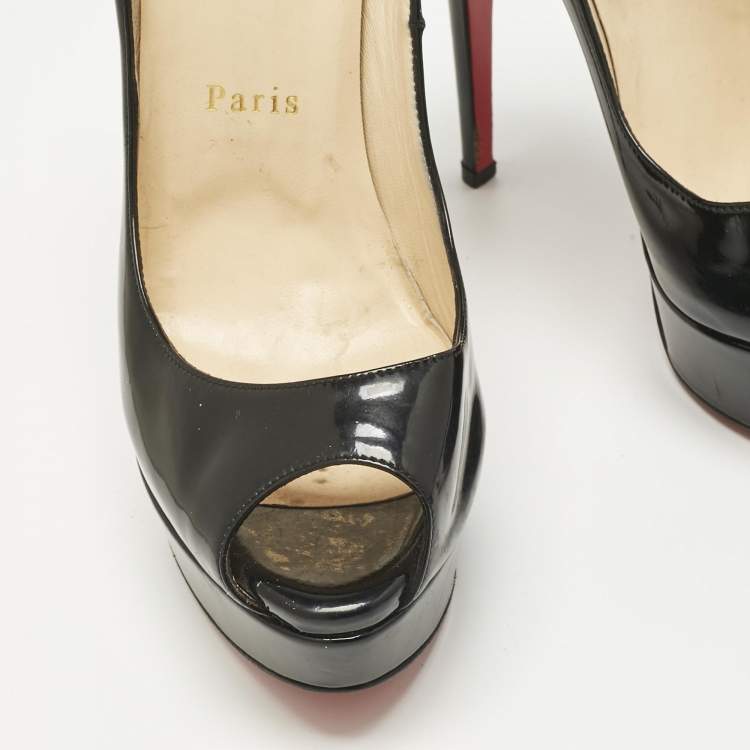 Pre Owned Christian Louboutin Black Patent Leather Lady Peep Toe Pumps Size 38