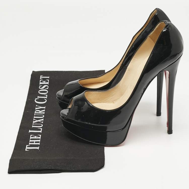 Pre Owned Christian Louboutin Black Patent Leather Lady Peep Toe Pumps Size 38