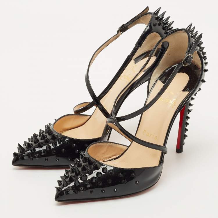 Pre Owned Christian Louboutin Black Patent Leather Goldocross Spike Pumps Size 37.5
